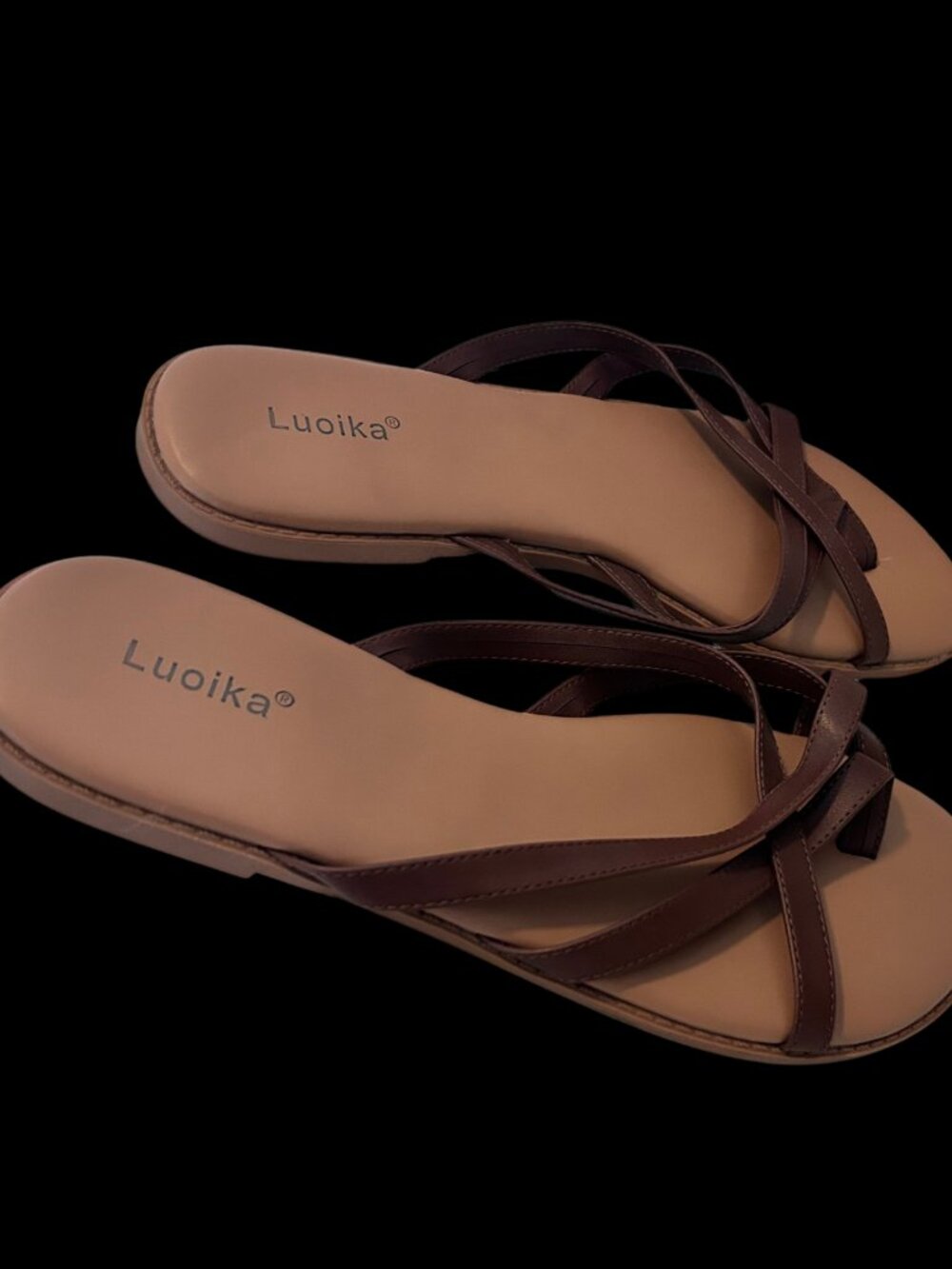 Luoika Women's Size 10.5 Wide Width Flat Slide Sandals Brown Strappy